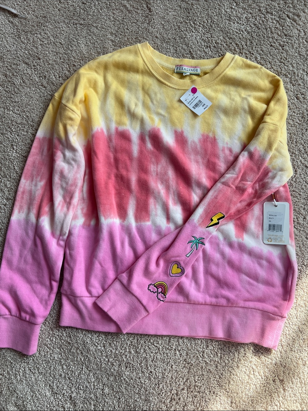 PJ Salvage Yellow Pink Tie-Dye Crewneck Sweatshirt with Sleeve Patches